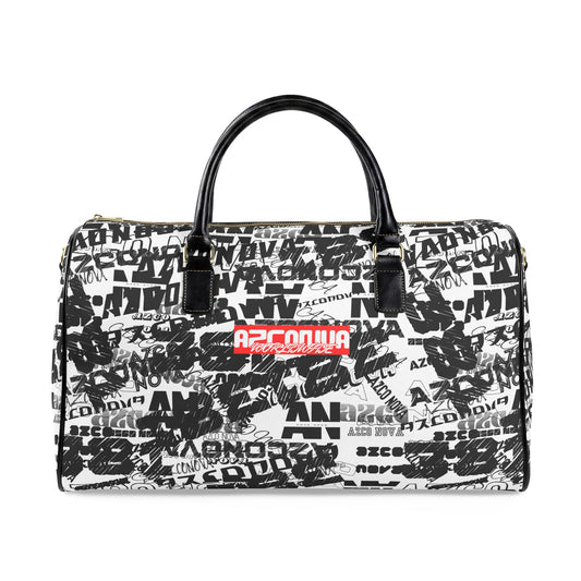 Faux Leather Travel Bag — Black & White Graffiti Weekender Duffel