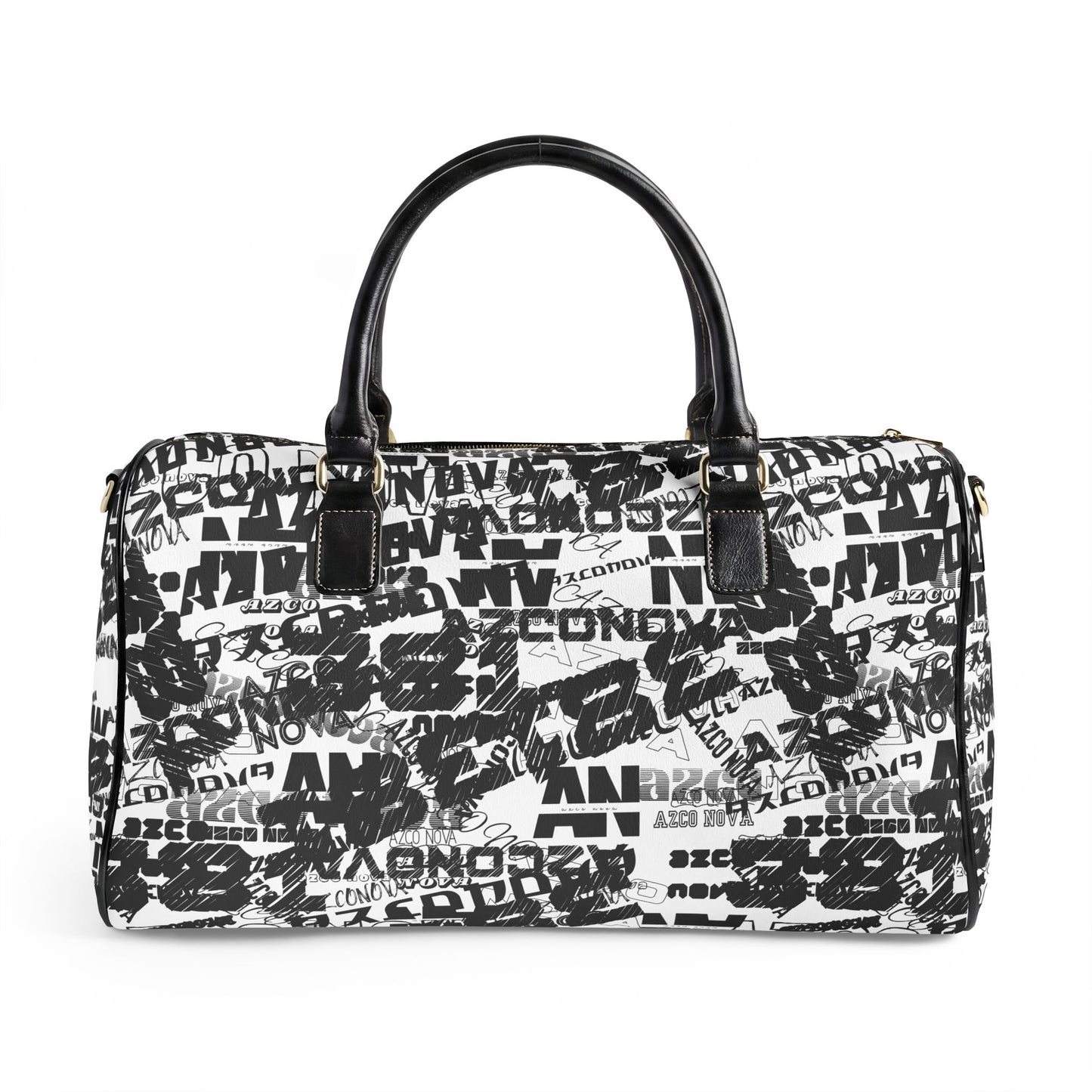 Faux Leather Travel Bag — Black & White Graffiti Weekender Duffel