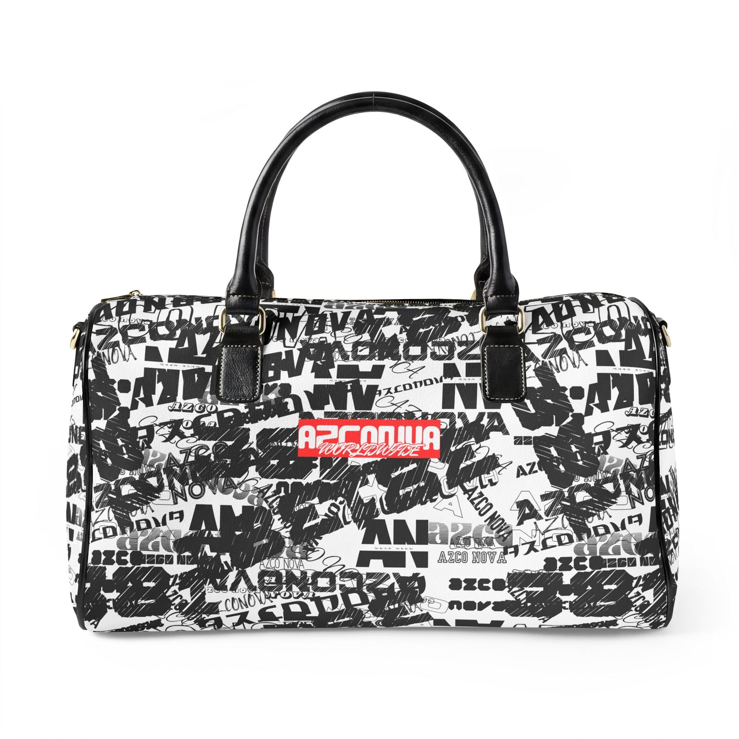 Faux Leather Travel Bag — Black & White Graffiti Weekender Duffel